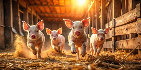 Long exposure captures playful piglets in a charming rustic barn.