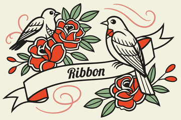 Obraz premium birds,roses,ribbon,banner,illustration,traditional tattoo style,ornate,detailed,colorful,vibrant