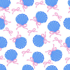Retro coquette seamless pattern seashells blue  with bow
