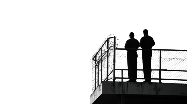 Two Prison Guards Standing Near Watchtower Isolated on Clean White Background

