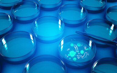 Virus bacteria research and experiment in chemistry lab. 3d illustration