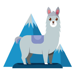 Cute cartoon llama standing in snowy mountains with a saddle
