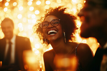 Young Black woman laughing among group of people during festive celebration, wearing glasses, surrounded by blurred figures and sparkling golden lights in background