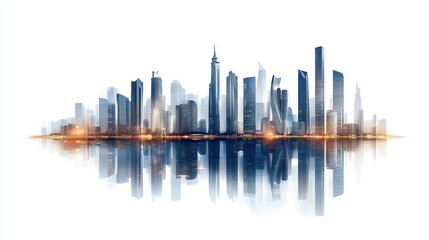 Obraz premium Modern metropolis skyline reflected on calm water.