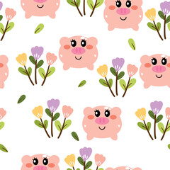 Seamless pattern cute cartoon piggy and flowers. cute animal drawing wallpaper and background