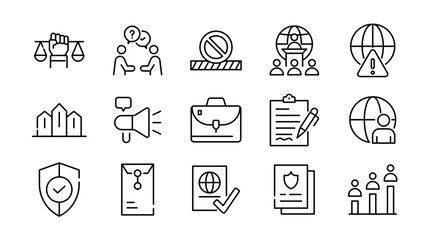 Diplomacy linear icon set. Political dialogue, law, politics, peace, alliance, foreign policy, government, summit, international relations, diplomatic, debate, vector icon set. UI thin line icon pack