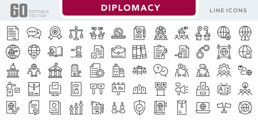 Diplomacy linear icon set. Political dialogue, law, politics, peace, alliance, foreign policy, government, summit, international relations, diplomatic, debate, vector icon set. UI thin line icon pack