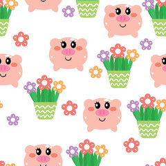Seamless pattern cute cartoon piggy and flowers in pots . cute animal drawing wallpaper and background