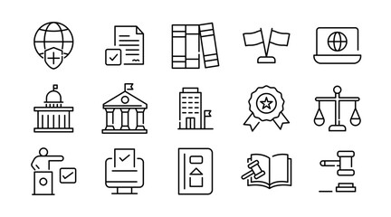 Diplomacy linear icon set. Political dialogue, law, politics, peace, alliance, foreign policy, government, summit, international relations, diplomatic, debate, vector icon set. UI thin line icon pack