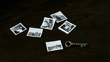 Obraz premium 흑백 즉석사진과 열쇠an instant black-and-white photo and a key