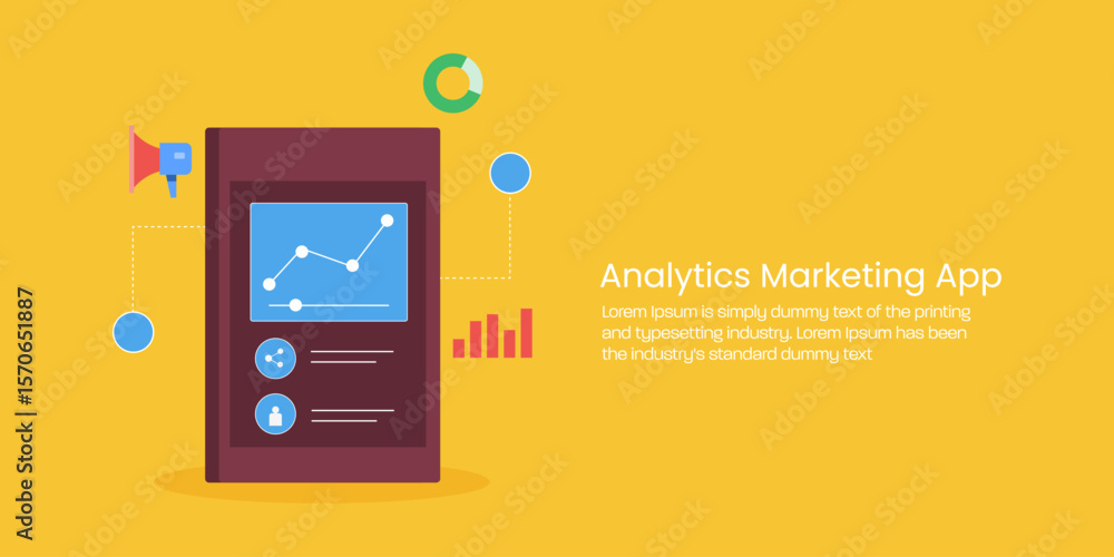 Poster mobile analytics platform displays upward trending growth graph and communication tools.