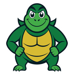 Cartoon turtle mascot with muscular shell and confident pose
