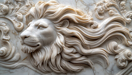 A white marble lion sculpture with a detailed flowing mane lies on the ground, set against the backdrop of an intricately carved ornate white stone wall,