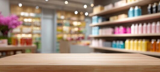 Obraz premium The wooden countertop in a modern beauty store with colorful products.