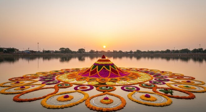Bathukamma sunken in a calm lake with reflection, soft sunset gradient background