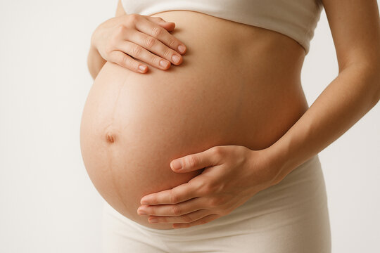 Pregnant woman lovingly holds her belly, celebrating the new life within her