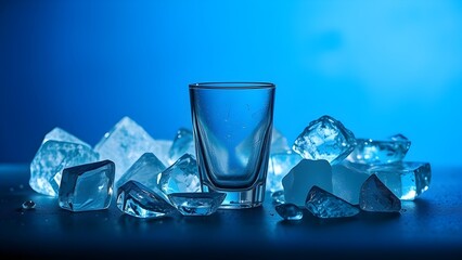 조각얼음과 유리컵이 블루배경앞에 있다Sculpture ice and glass are in front of the blue background