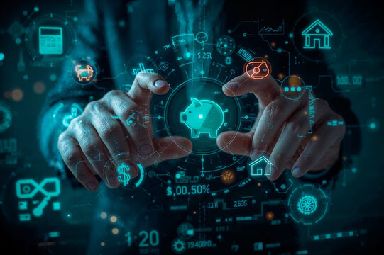 Futuristic financial planning with digital piggy bank finance technology