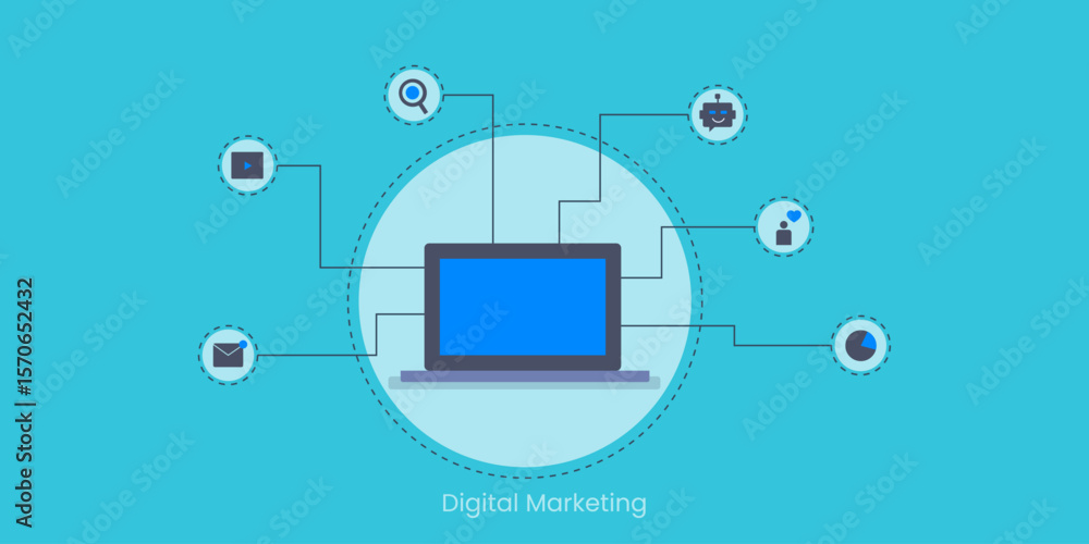 Poster laptop interface seamlessly connected with network of digital marketing strategies.