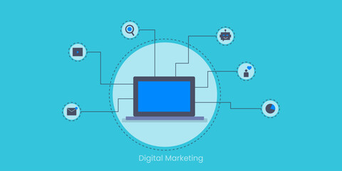 Laptop interface seamlessly connected with network of digital marketing strategies.