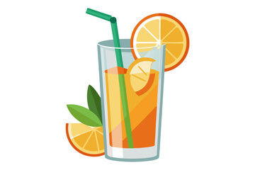 Download this vibrant and refreshing orange juice vector illustration featuring a tall glass filled with bright orange juice and garnished with a lemon slice.