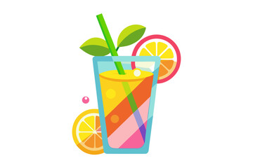 Download this vibrant and refreshing orange juice vector illustration featuring a tall glass filled with bright orange juice and garnished with a lemon slice.