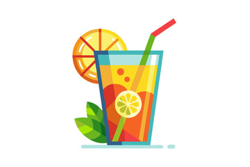 Download this vibrant and refreshing orange juice vector illustration featuring a tall glass filled with bright orange juice and garnished with a lemon slice.