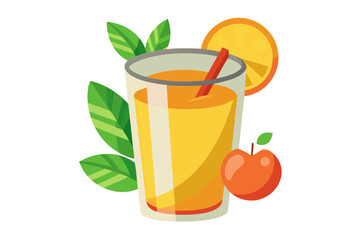 Download this vibrant and refreshing orange juice vector illustration featuring a tall glass filled with bright orange juice and garnished with a lemon slice.