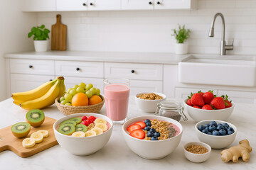 Fresh juice, vegetables and fruit in a kitchen breakfast with fruits


