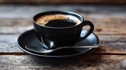 A dark, glossy coffee cup sits on a rustic wooden table, filled with dark, rich coffee with a crema.  A matching saucer and spoon accompany it