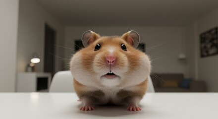 Close-up of an adorable hamster posing on a table, looking straight ahead with curiosity.