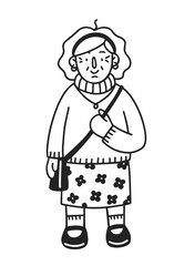 Old lady. Vector line hand-drawn illustration. Cartoon happy grandmother. Stylish senior woman doodle