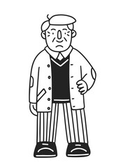 Old man. Vector line hand-drawn illustration. Cartoon happy grandfather. Stylish senior man doodle