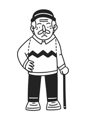 Old man. Vector line hand-drawn illustration. Cartoon happy grandfather with hat and walking stick. Stylish senior man doodle