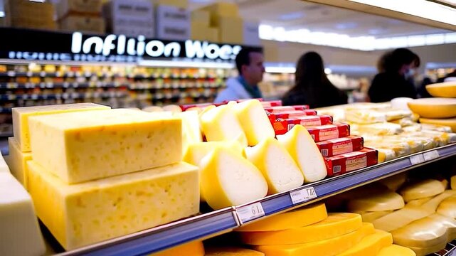 Assortment of cheeses on grocery shelves
