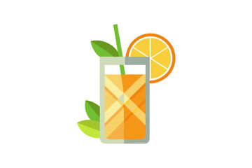Download this vibrant and refreshing orange juice vector illustration featuring a tall glass filled with bright orange juice and garnished with a lemon slice.