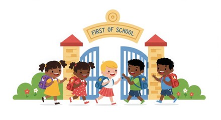 Vector illustration of children entering the school gate with "First Day of School" banner above.