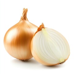 Close-up view of a whole and halved yellow onion.