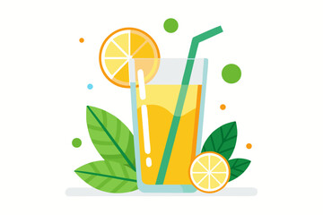 Download this vibrant and refreshing orange juice vector illustration featuring a tall glass filled with bright orange juice and garnished with a lemon slice.