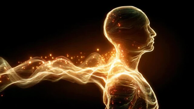 A human silhouette filled with glowing energy waves, vitality and wellbeing metaphor