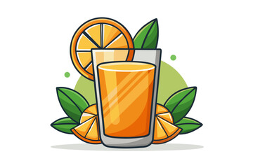 Download this vibrant and refreshing orange juice vector illustration featuring a tall glass filled with bright orange juice and garnished with a lemon slice.
