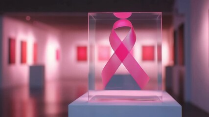 a pink ribbon floating in a glass cube, symbolizing hope and awareness - Powered by Adobe
