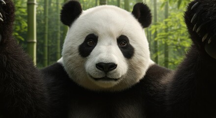 Cute panda in a bamboo forest appearing to take a selfie with arms outstretched.