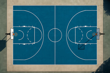 Basketball court with ball and game strategy illustration on green sport field board