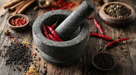 A dark grey stone mortar and pestle sits on a rustic wooden surface, surrounded by various spices and red chili peppers