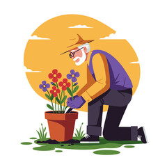 Fototapeta premium Elderly man planting flowers in pot in sleek modern flat vector design with vibrant bold colors, geometric shapes, and sharp lines on minimalist background 