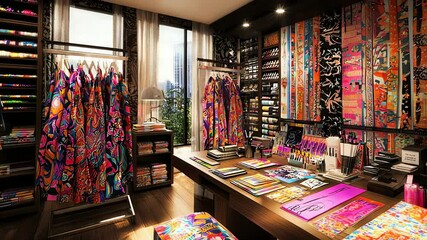 Colorful boutique interior with clothing and textiles. - Powered by Adobe