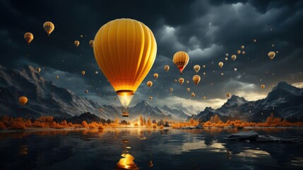 Balloons Soar Over Still Water, Reflection Of Sky Theme, Autumn Tone, Scenic Flight