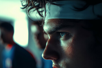 Close up of teenage boy wearing headband focusing intensely, with blurred teenage boys in background suggesting team sports environment, sweat visible on face