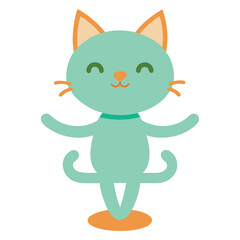 Cute teal cat doing yoga or meditation with eyes closed